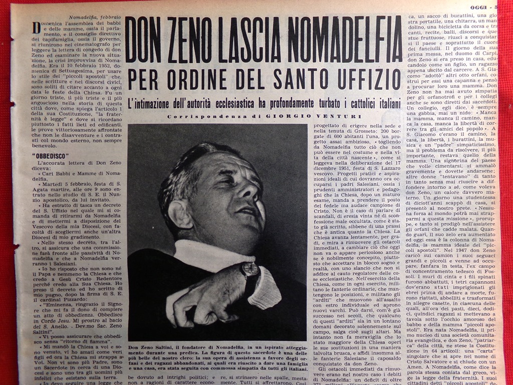 Pagina del 1952 Don Zeno lascia Nomadelfia Santo Uffizio Grock …