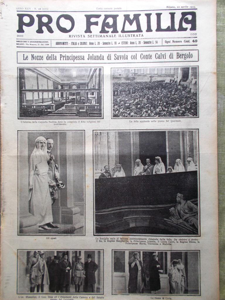 Pro Familia del 22 Aprile 1923 Nozze Jolanda Savoia Querce …