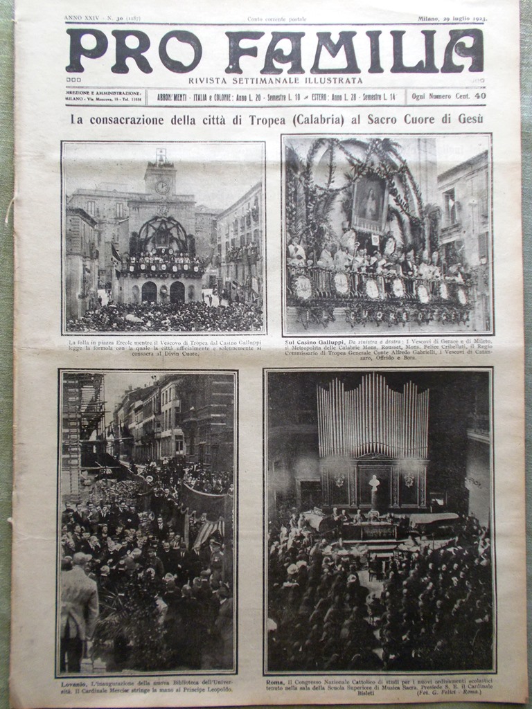 Pro Familia del 29 Luglio 1923 Tropea Pascal Mussolini Manzoni …