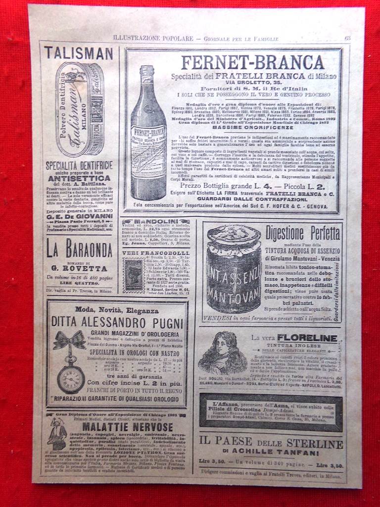 Pubblicità del 1894 Fernet-Branca Tanfani Pugni Oettinger Cortesi Rosati Chinina