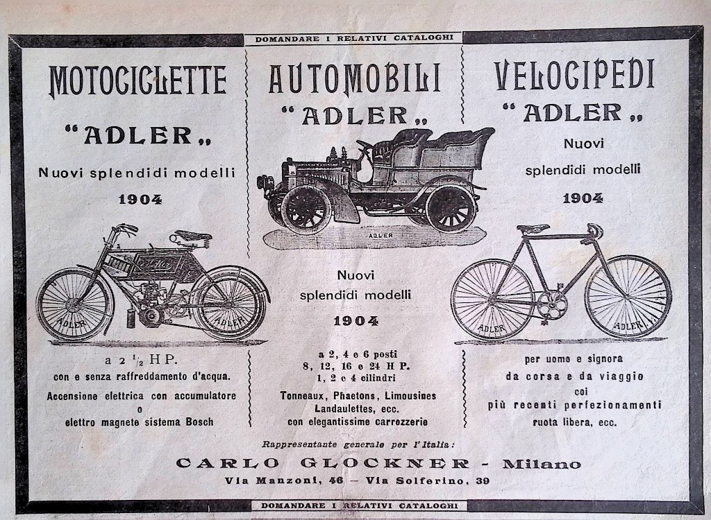 Pubblicità del 1904 Motociclette Automobili Velocipedi Adler