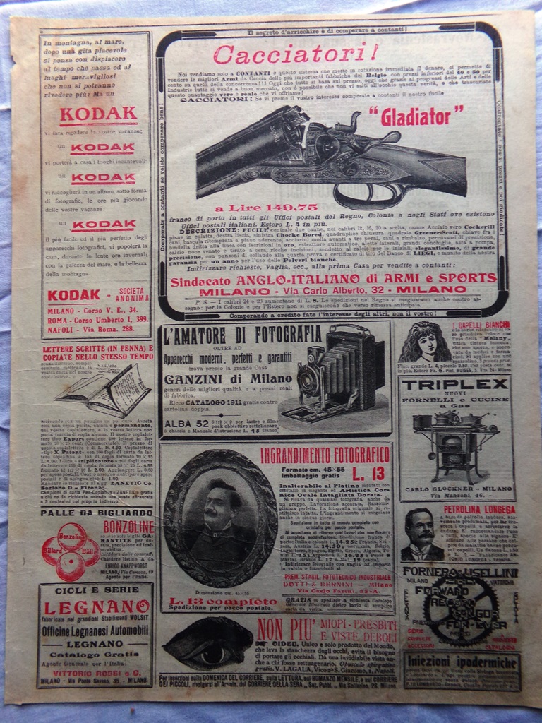 Pubblicità del 1911 Cacciatori Gladiator Triplex Cucine Legnano Kodak Petrolina