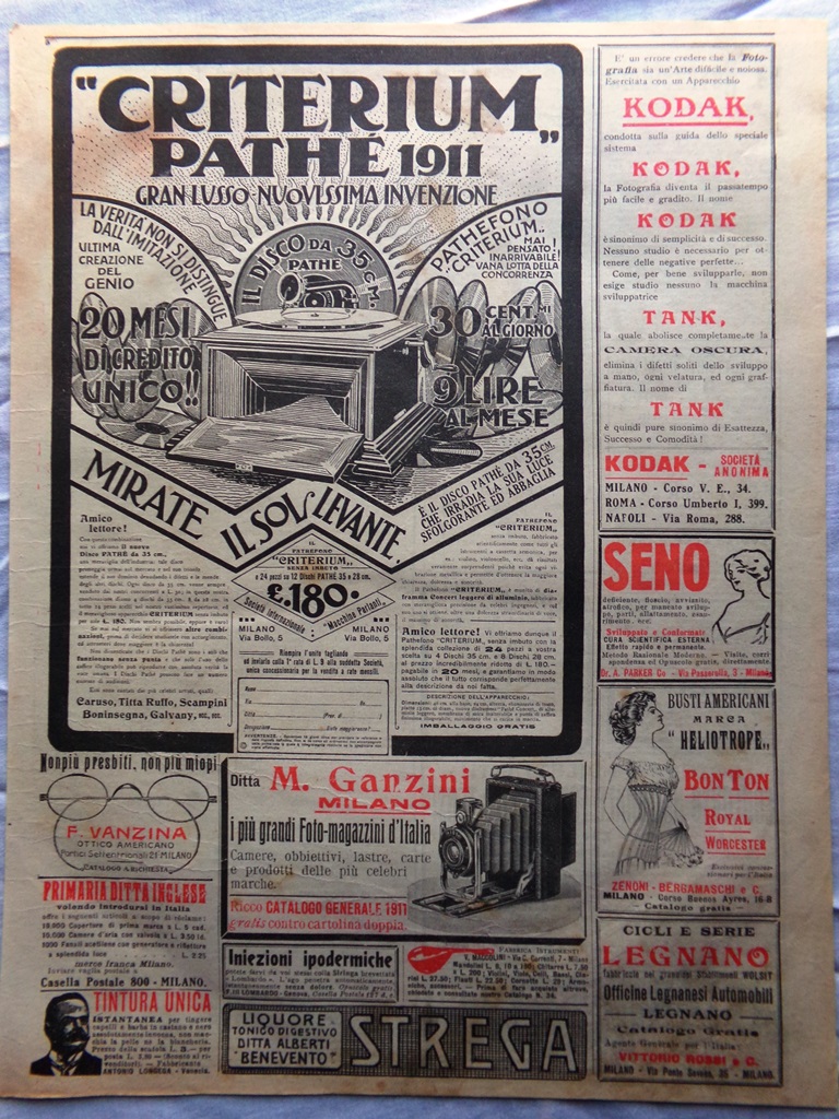 Pubblicità del 1911 Criterium Disco Pathé Liquore Strega Ganzini Kodak …