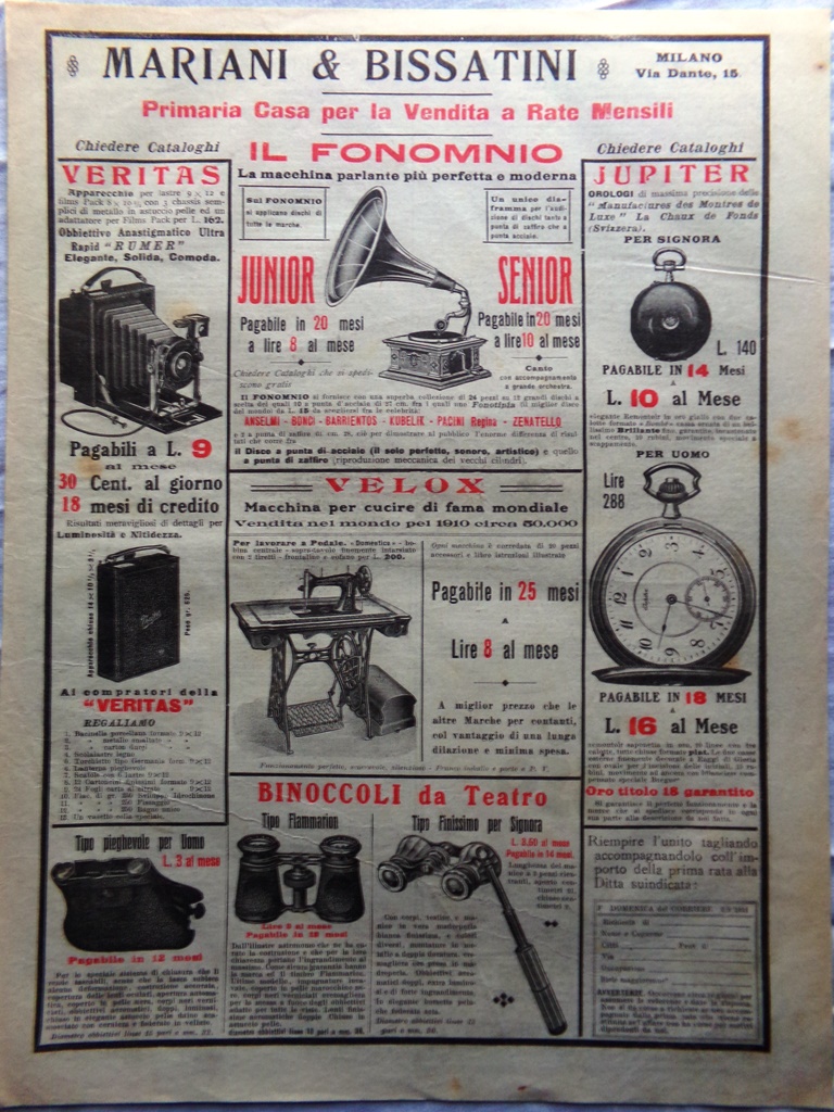 Pubblicità del 1911 Mariani Bissatini Fonomnio Veritas Binocoli Teatro Jupiter