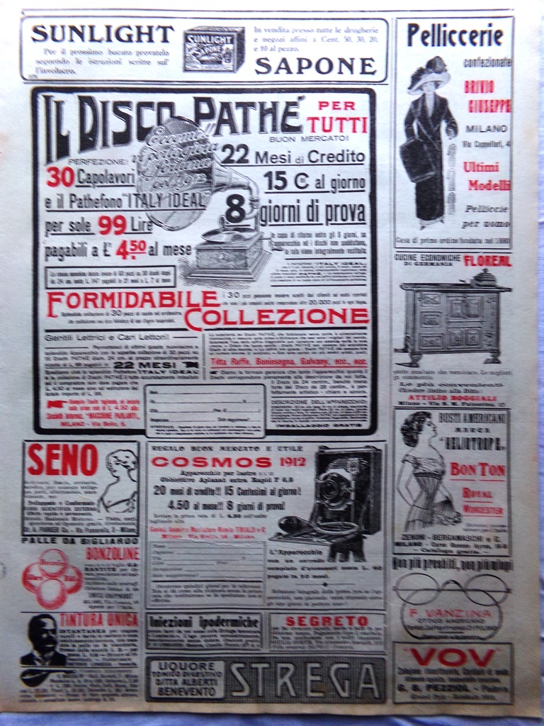Pubblicità del 1911 Sunlight Sapone Disco Pathé Cosmos Floreri Brivio …