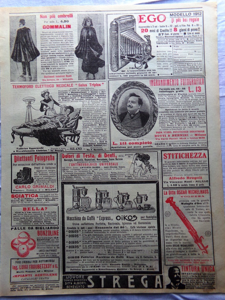 Pubblicità del 1912 Concordia Assicurazioni Gommalin Caffè Oikos Dotti Bernini