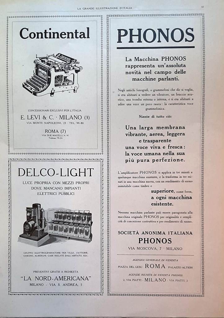 Pubblicità del 1925 Continental Phonos Delco-Light Underwood Dell'Orto