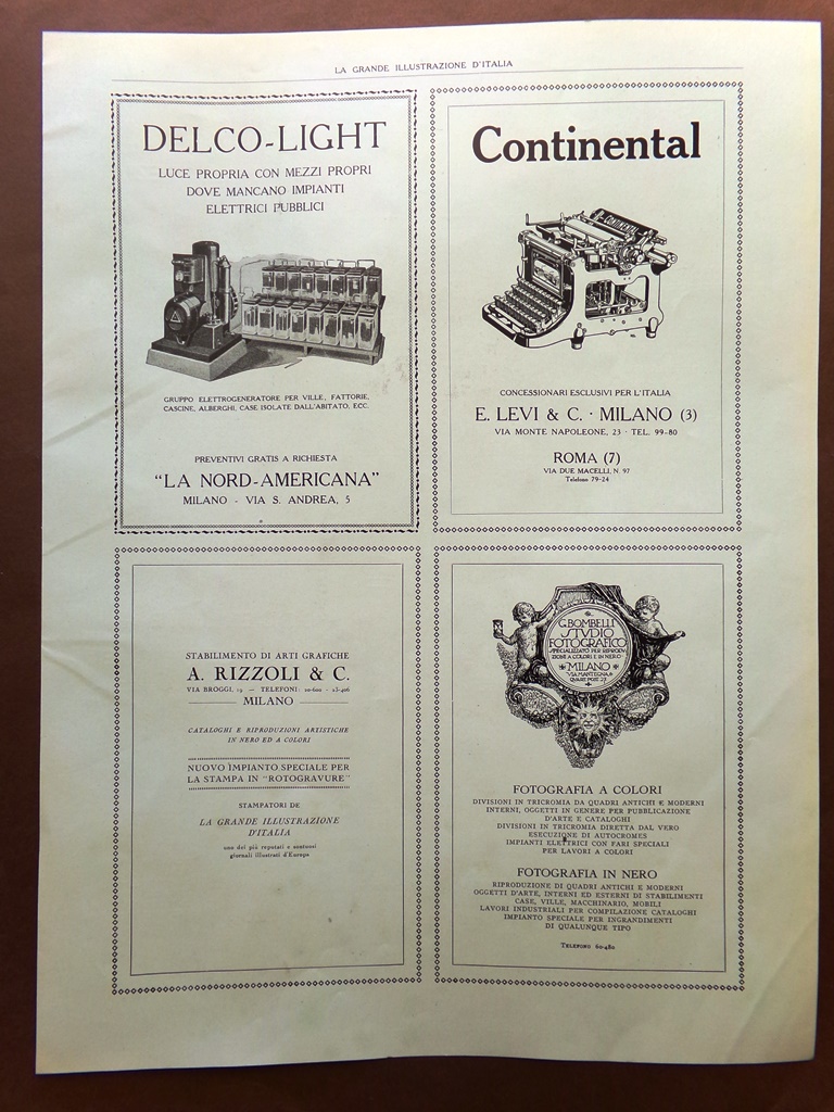 Pubblicità del 1925 Delco-light Continental Rizzoli Fotografia Marmo Porcellane