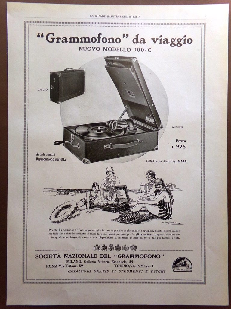 Pubblicità del 1925 Grammofono da Viaggio Nuovo Modello Milano Automobili …