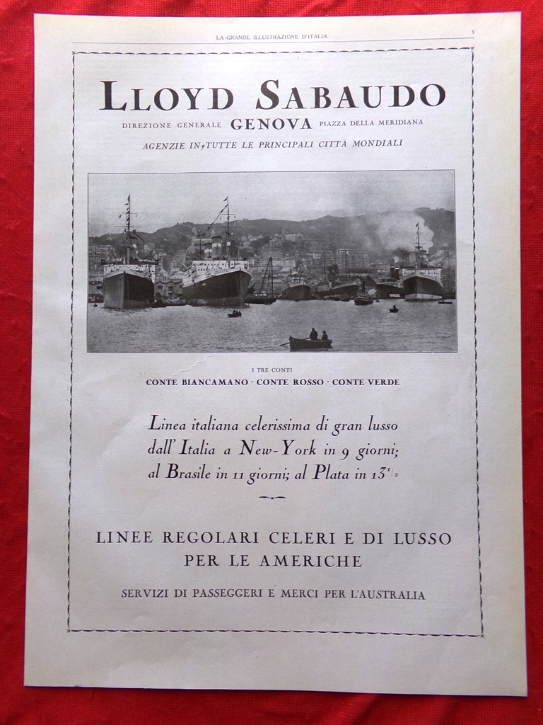 Pubblicità del 1925 Llloyd Sabaudo Genova Linee Navigazione Hoffmann Martini