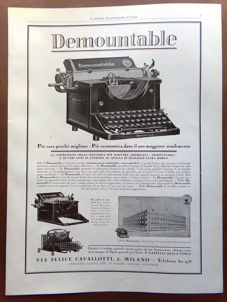 Pubblicità del 1925 Macchina da Scrivere Demountable Farmacia Cagnola Lisi