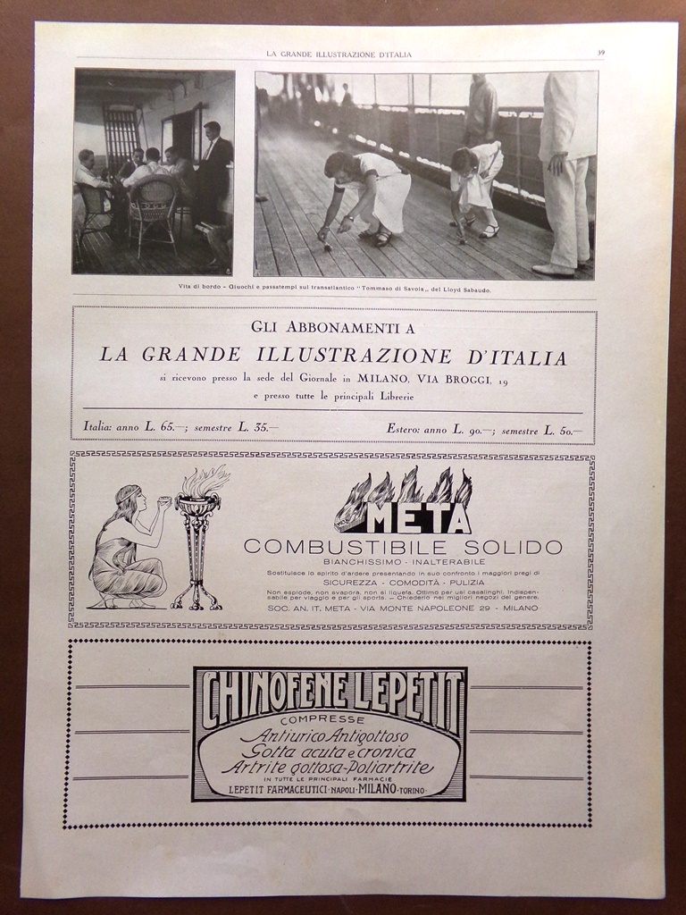 Pubblicità del 1925 Meta Combustibile Chinofene Lepetit Tommaso di Savoia …