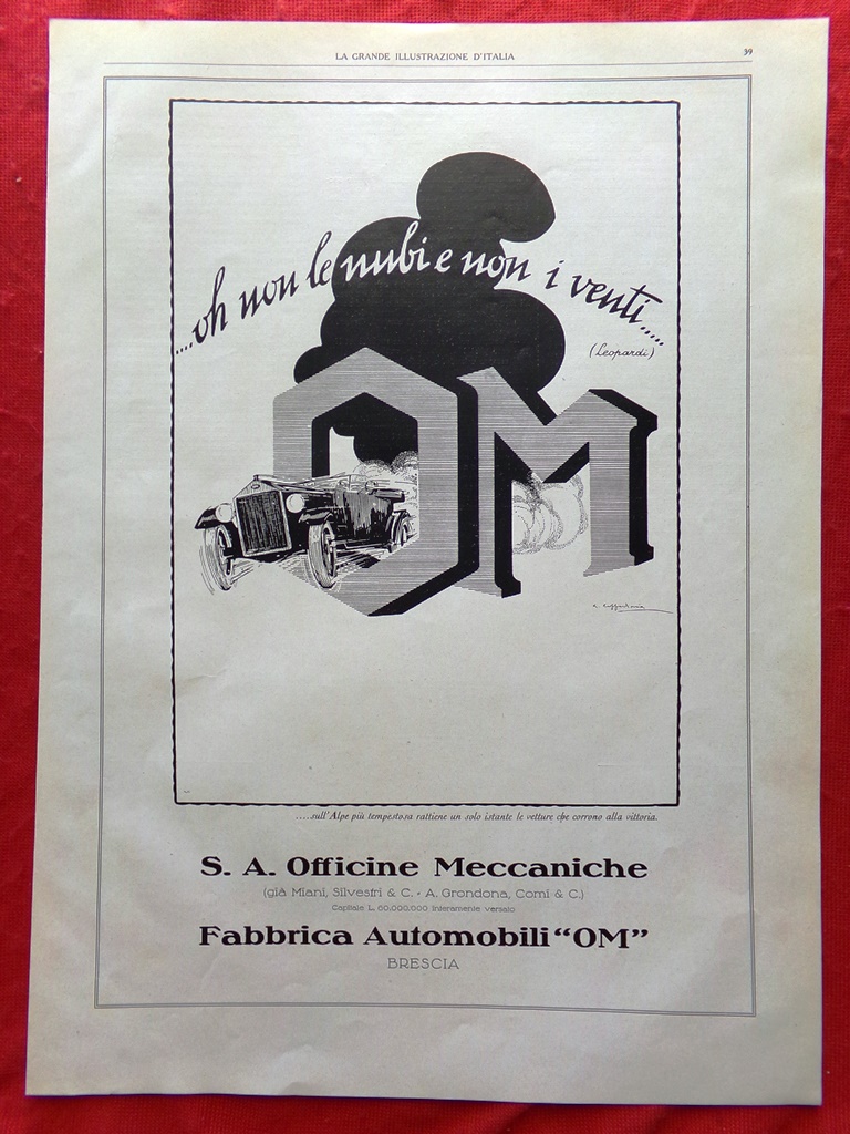 Pubblicità del 1925 Officine Automobili OM Chinofene Lepetit Compresse Farmaci