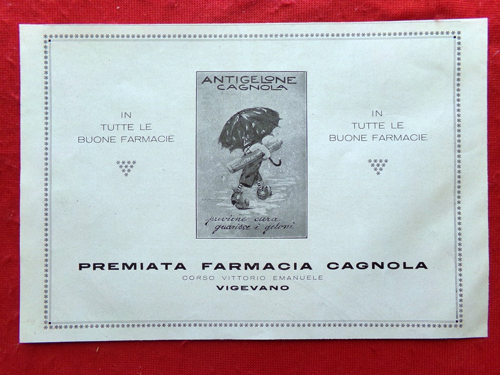 Pubblicità del 1925 Premiata Farmacia Cagnola di Vigevano Antigelone