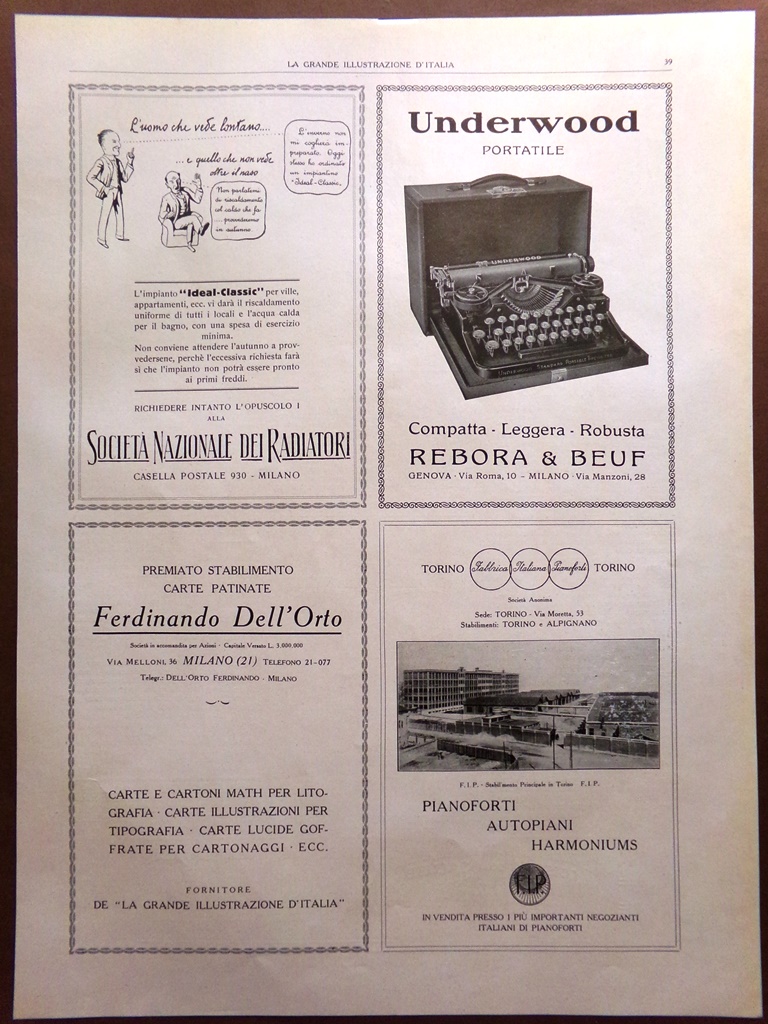 Pubblicità del 1925 Radiatori Dell'Orto Underwood Harmoniums Tipi Africa Maggi