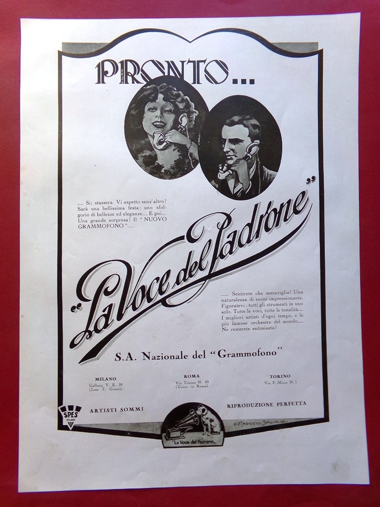 Pubblicità del 1928 La Voce del Padrone Società Grammofono Società …