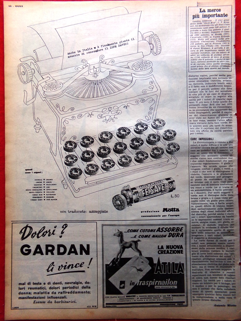 Pubblicità del 1952 Caramelle Life Savers Motta Five Flavor