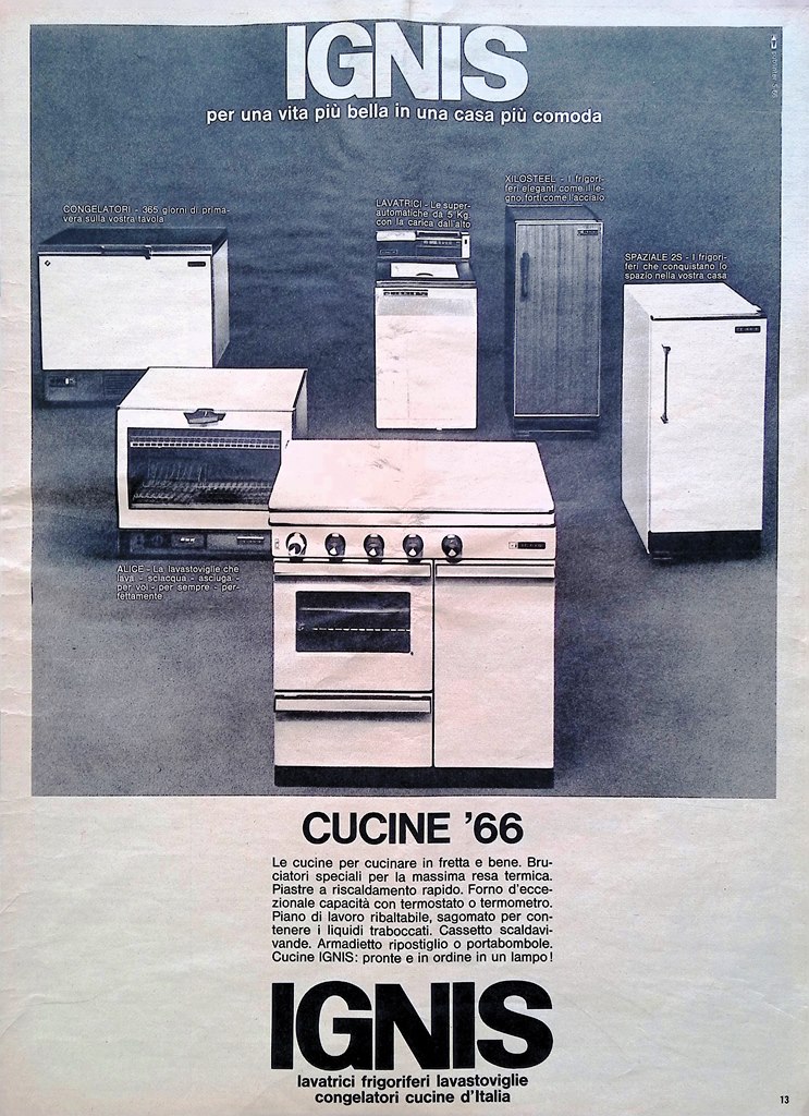 Pubblicità del 1966 Cucine Ignis Lavatrici Frigoriferi Lavastoviglie