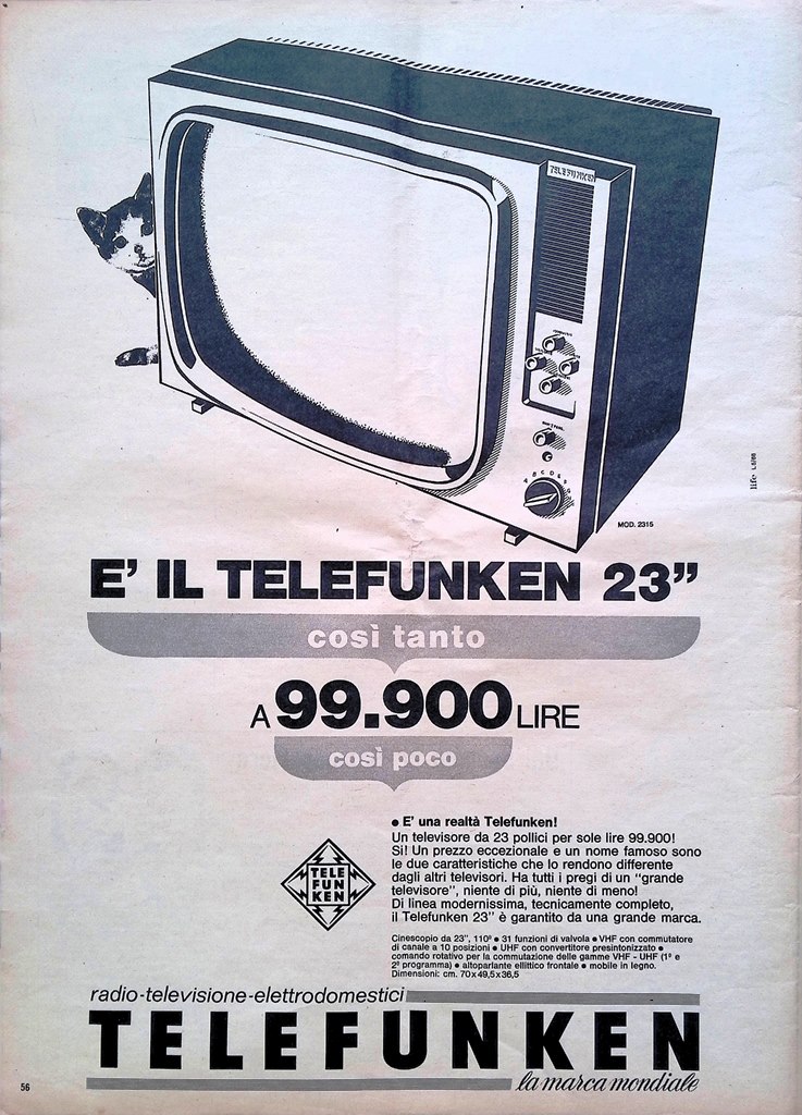 Pubblicità del 1966 Televisore Telefunken Marca Mondiale