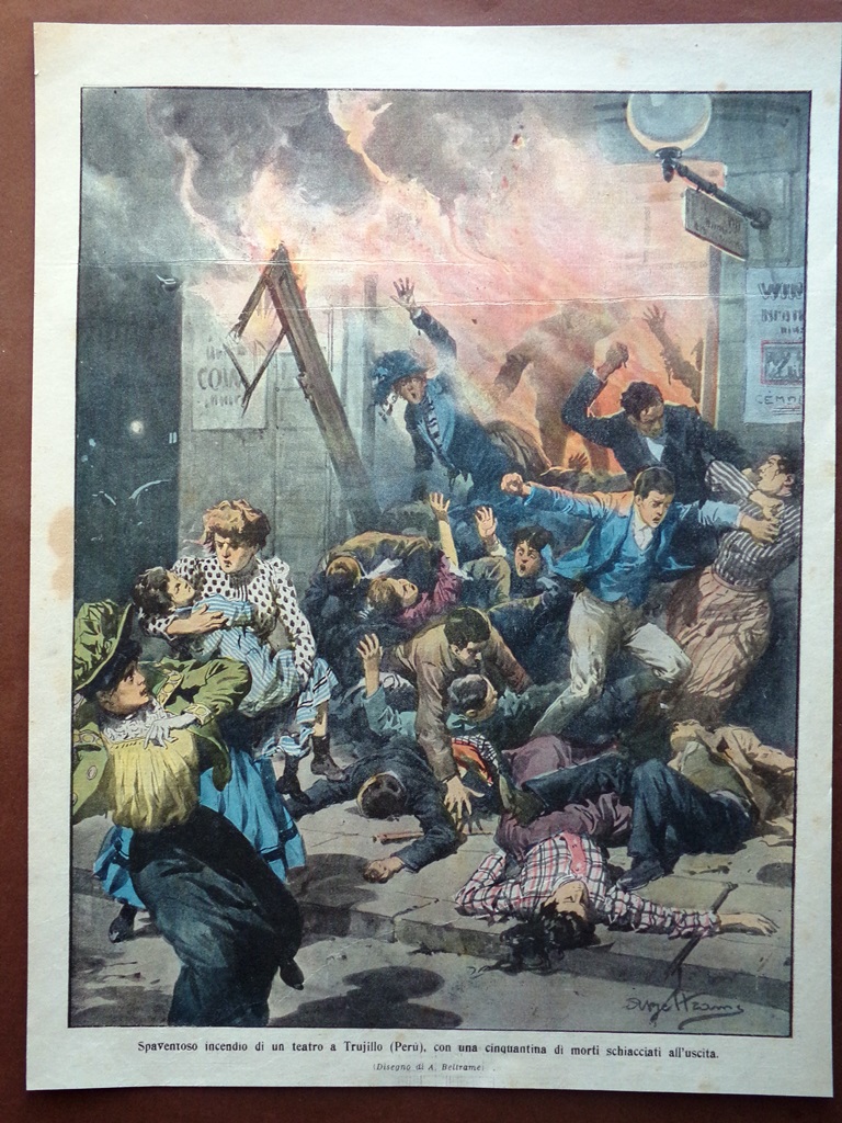 Retrocopertina Domenica Corriere nr. 10 del 1910 Incendio Teatro Trujillo …