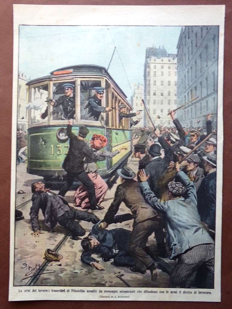 Retrocopertina Domenica Corriere nr. 12 del 1910 Sciopero Tranvieri Philadelphia