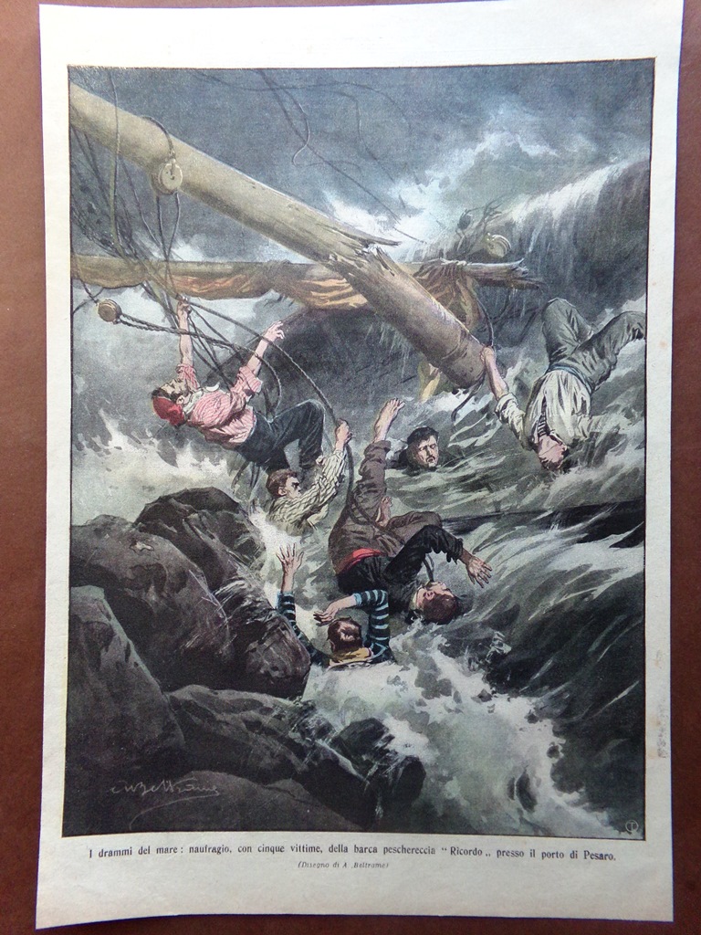 Retrocopertina Domenica Corriere nr. 15 del 1909 Naufraggio Ricordo Porto …