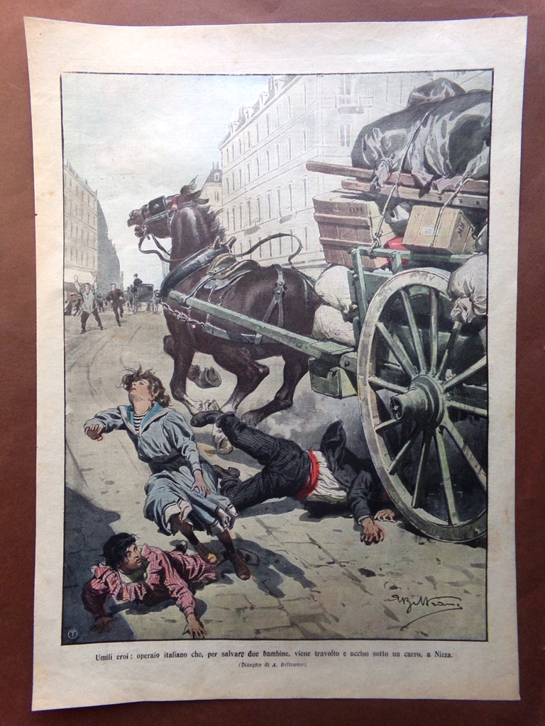 Retrocopertina Domenica Corriere nr. 16 del 1909 Operaio Italiano Carro …