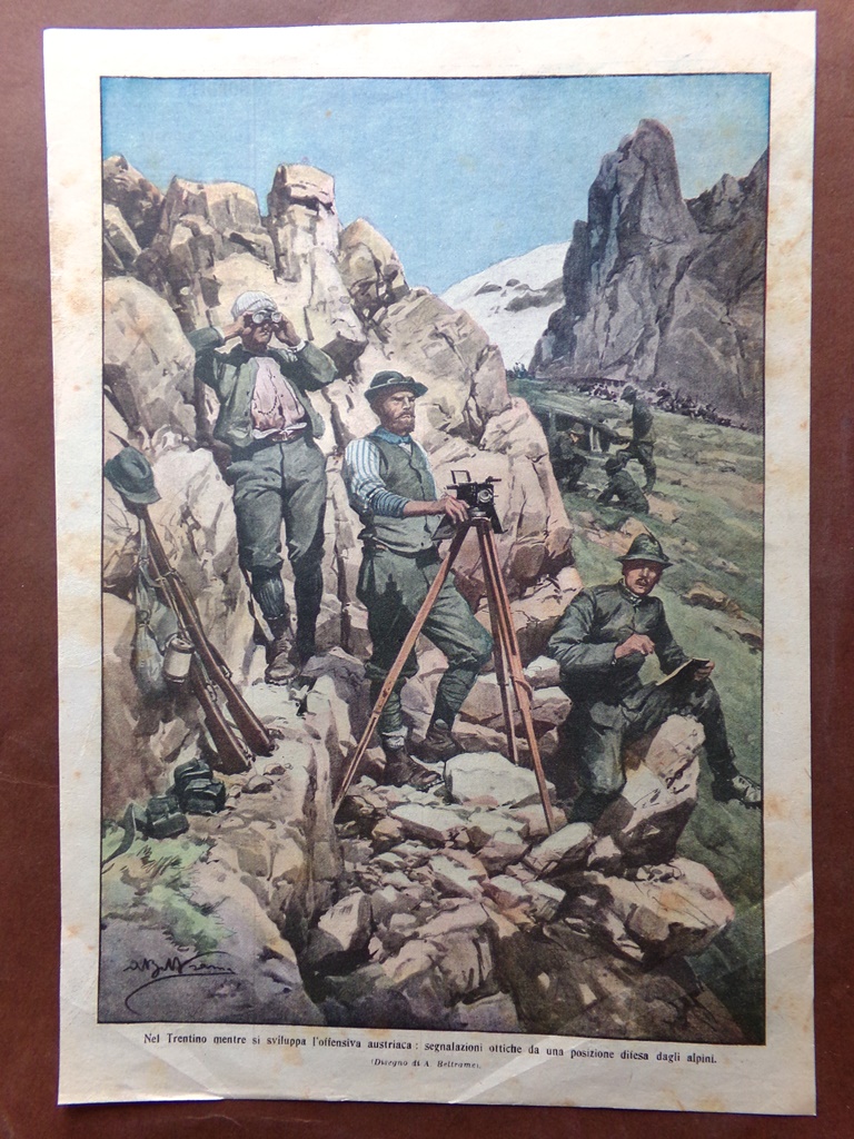 Retrocopertina Domenica Corriere nr. 22 del 1916 WW1 Trentino Segnali …