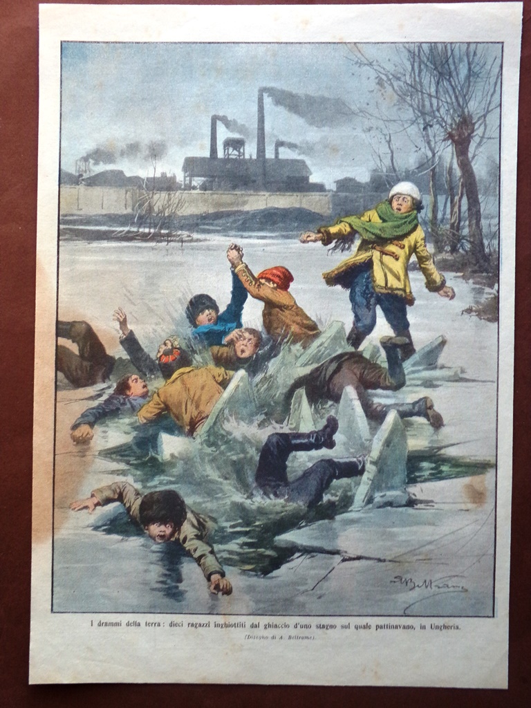 Retrocopertina Domenica Corriere nr. 50 del 1910 Stagno Ghiacciato in …