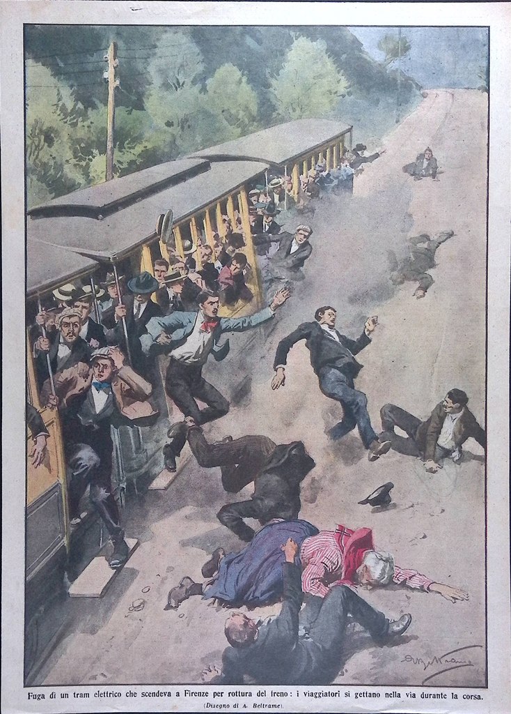 Retrocopertina Domenica del Corriere nr. 29 del 1914 Fuga Tram …