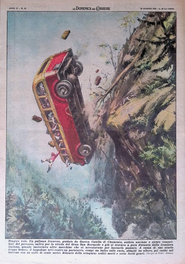 Retrocopertina Domenica del Corriere nr. 35 del 1955 Incidente Pulman …