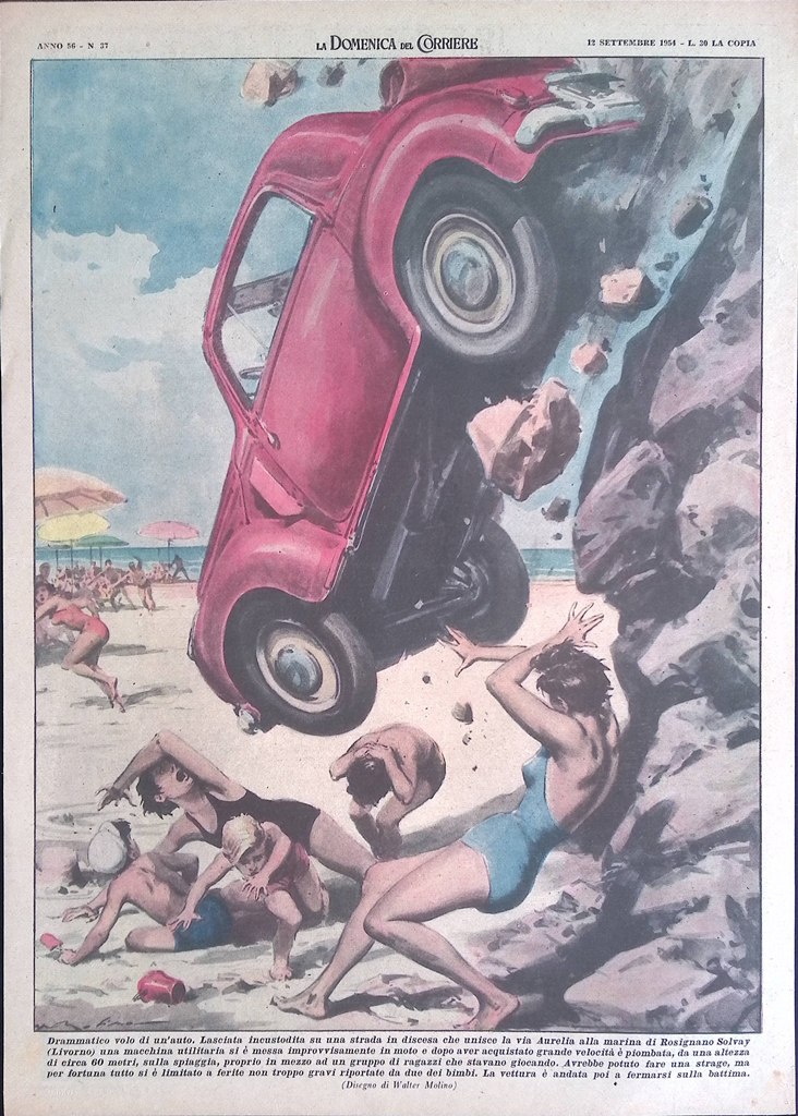 Retrocopertina Domenica del Corriere nr. 37 del 1954 Macchina Caduta …