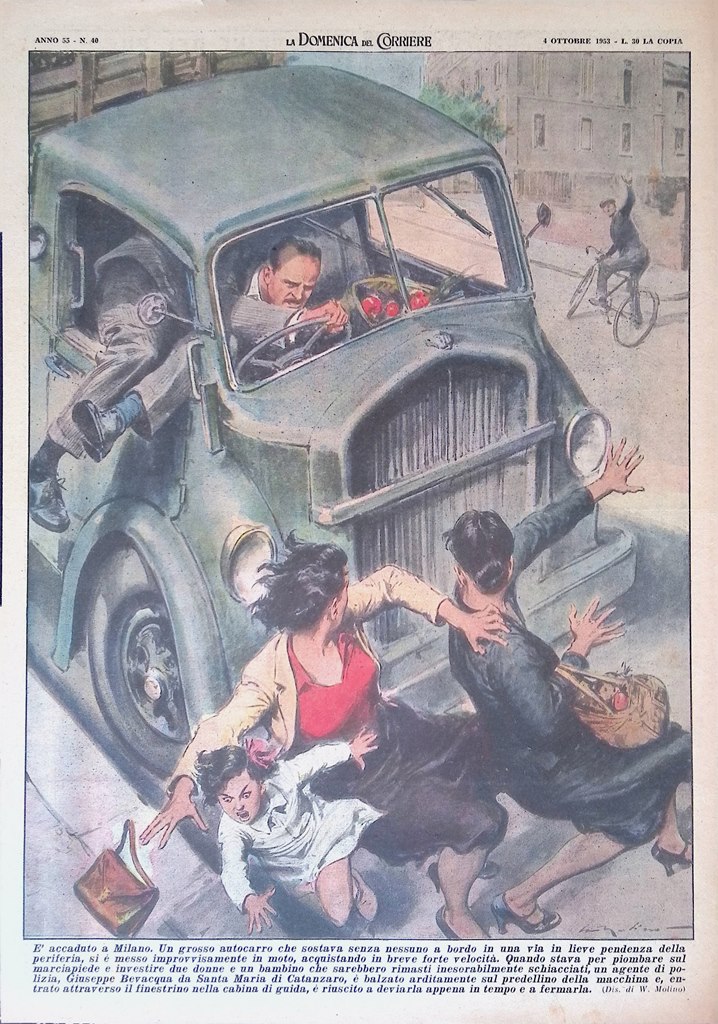 Retrocopertina Domenica del Corriere nr. 40 del 1953 Incidente Autocarro …