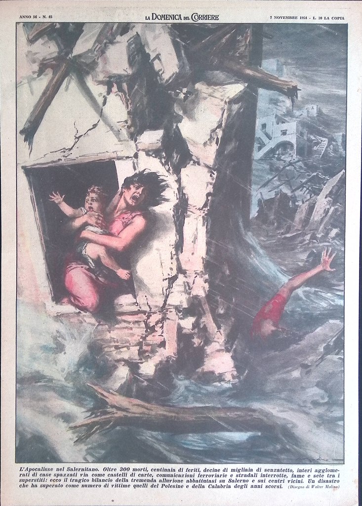 Retrocopertina Domenica del Corriere nr. 45 del 1954 Alluvione Case …