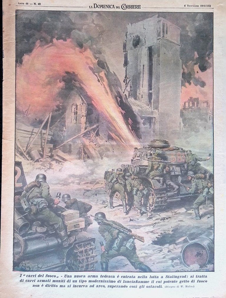 Retrocopertina Domenica del Corriere nr. 49 del 1942 WW2 Carri …