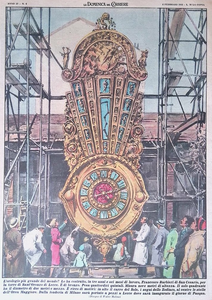 Retrocopertina Domenica del Corriere nr. 6 del 1955 Orologio Sant'Oronzo …