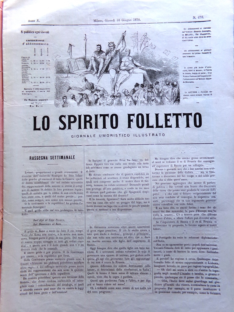 Spirito Folletto del 16 Giugno 1870 Vagone Gedeone Mangiamiele Schizzi …