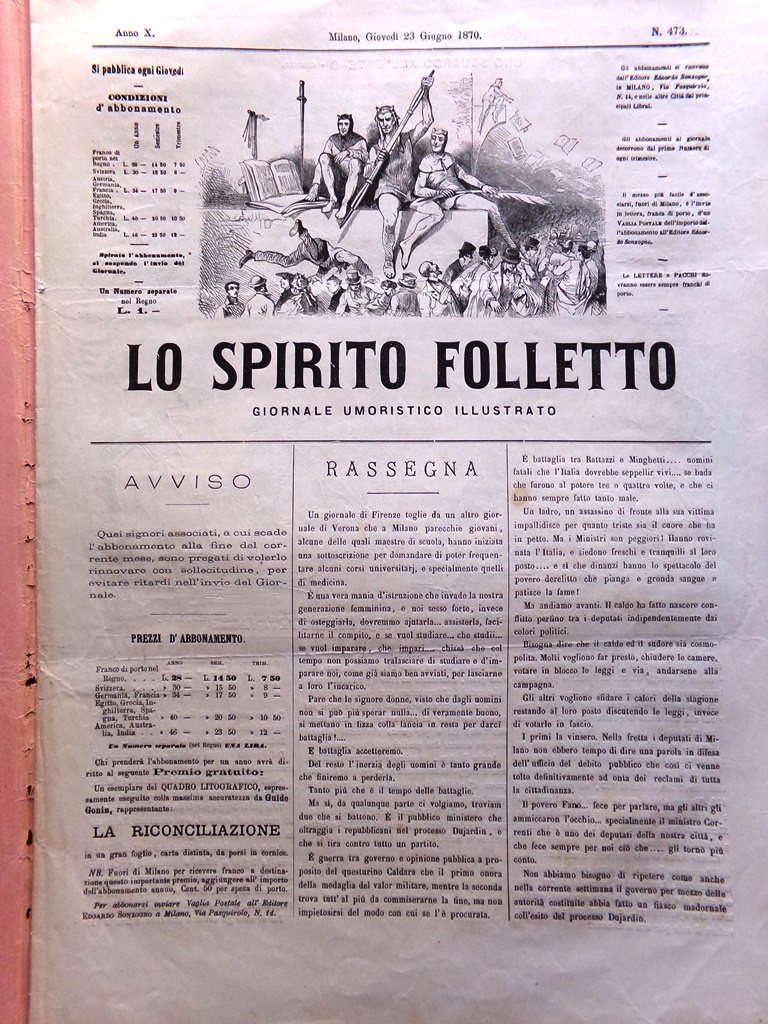 Spirito Folletto del 23 Giugno 1870 Giurati Mietitrice Ultimo Merlo …