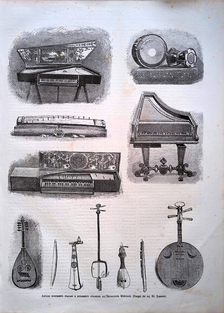 Stampa del 1881 Antichi strumenti italiani e stranieri Esposizione Ximenes