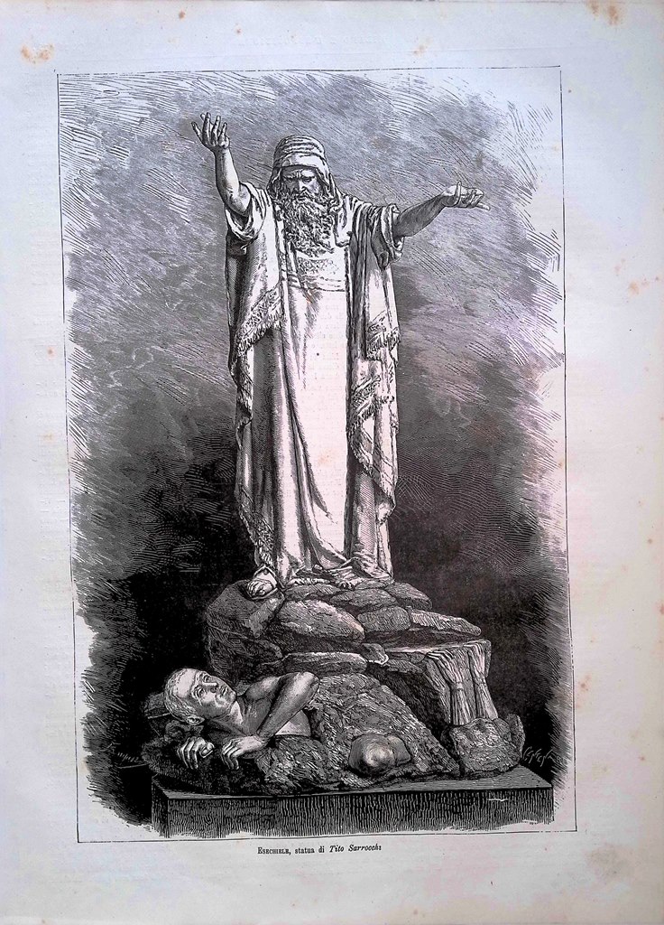 Stampa del 1881 Esechiele Statua Tito Sarrocchi Esposizione Milano