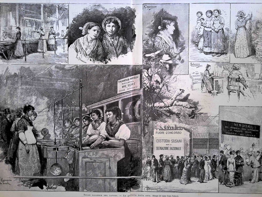 Stampa del 1881 Esposizione Milano Gallerie Lavoro Seta Dante Paolocci