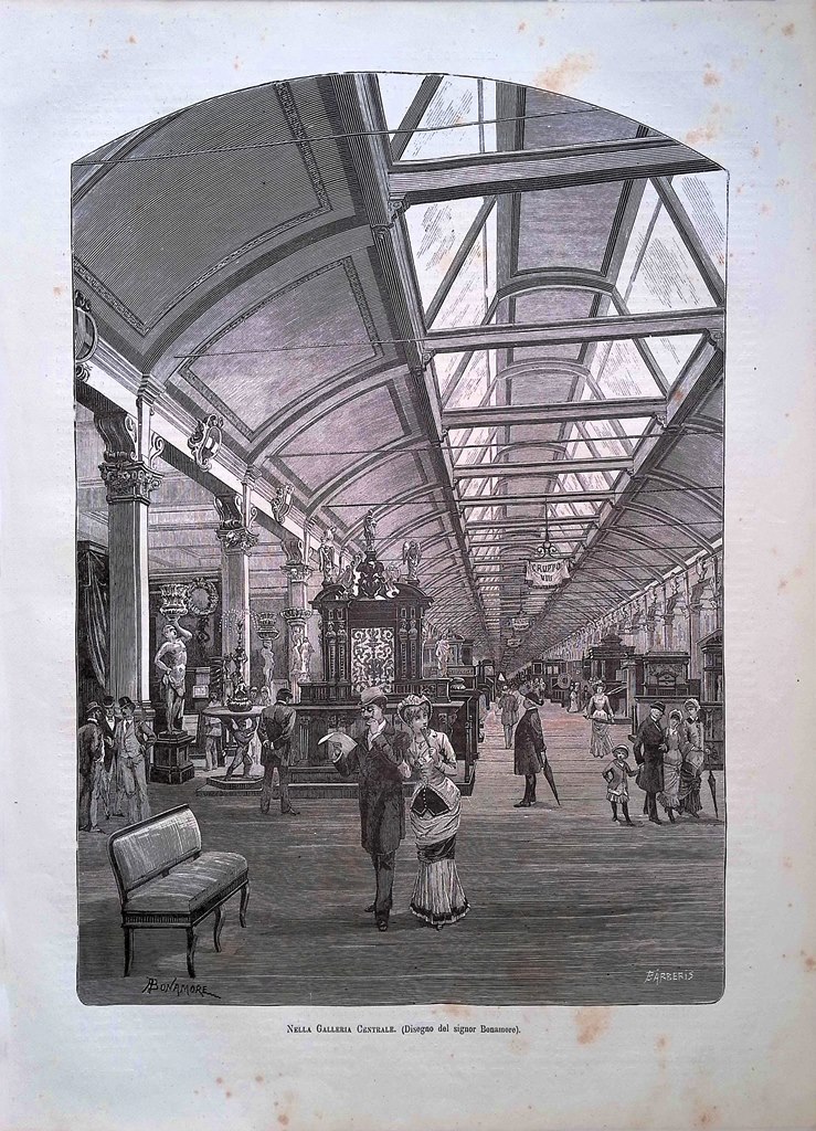 Stampa del 1881 Esposizione Milano Nella Galleria Centrale Bonamore