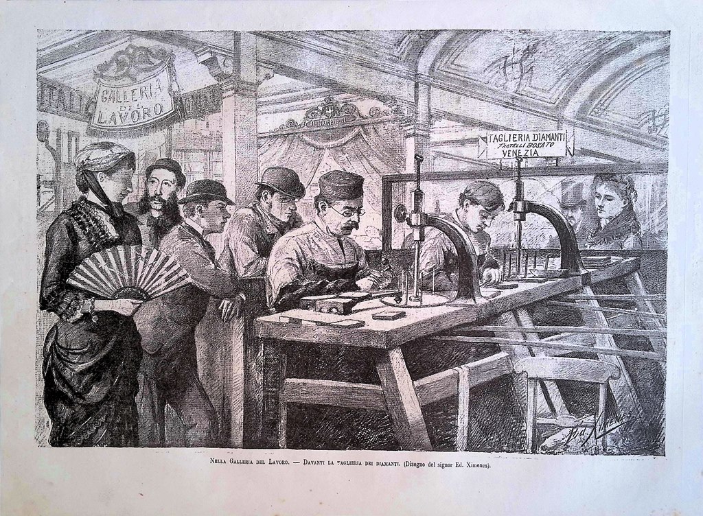 Stampa del 1881 Galleria Lavoro Taglieria dei Diamanti Eduardo Ximenes