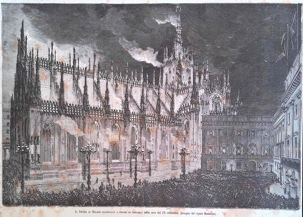 Stampa del 1881 Il Duomo di Milano illuminato a Fuochi …