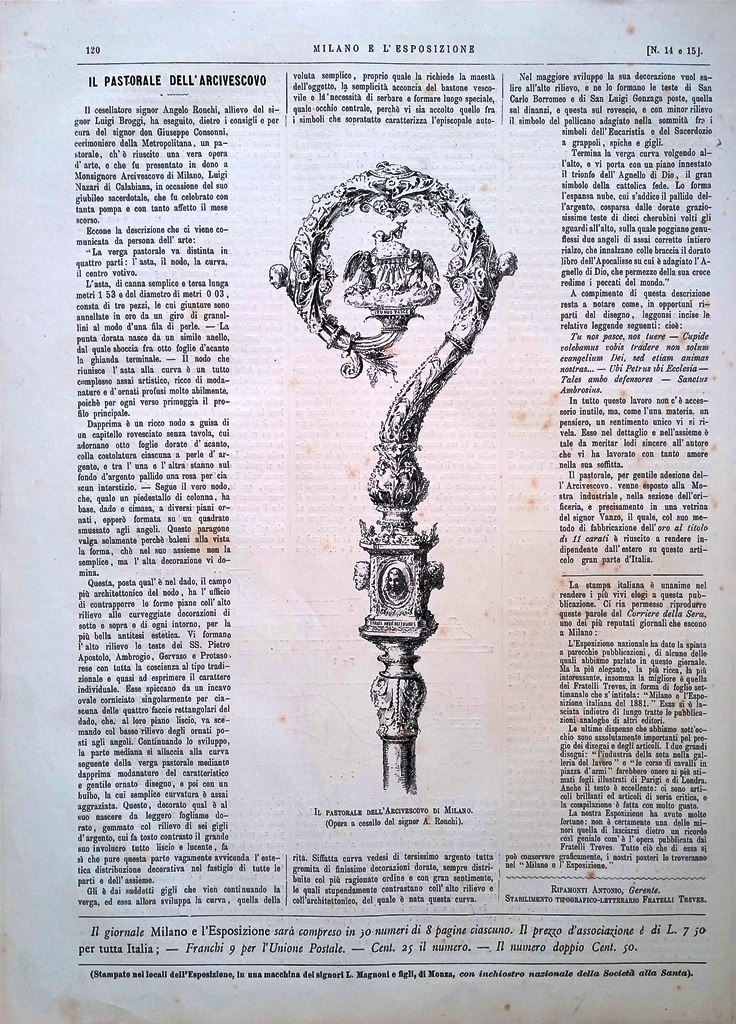 Stampa del 1881 Il Pastorale dell'Arcivescovo di Milano Ronchi Esposizione