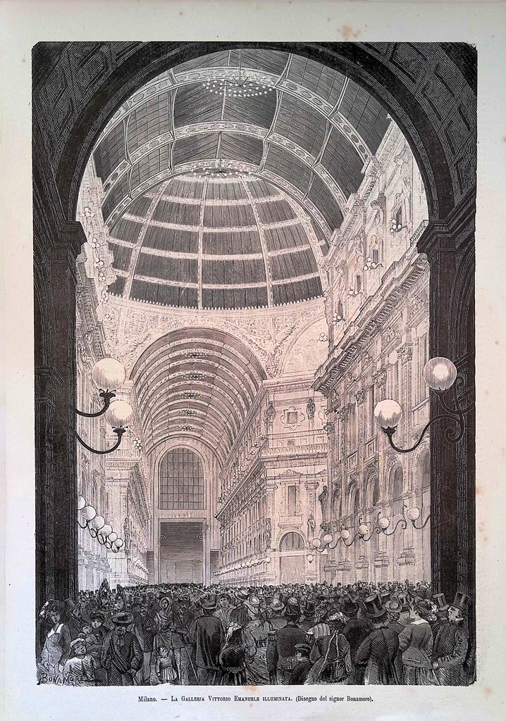 Stampa del 1881 Milano Galleria Vittorio Emanuele Illuminata Bonamore