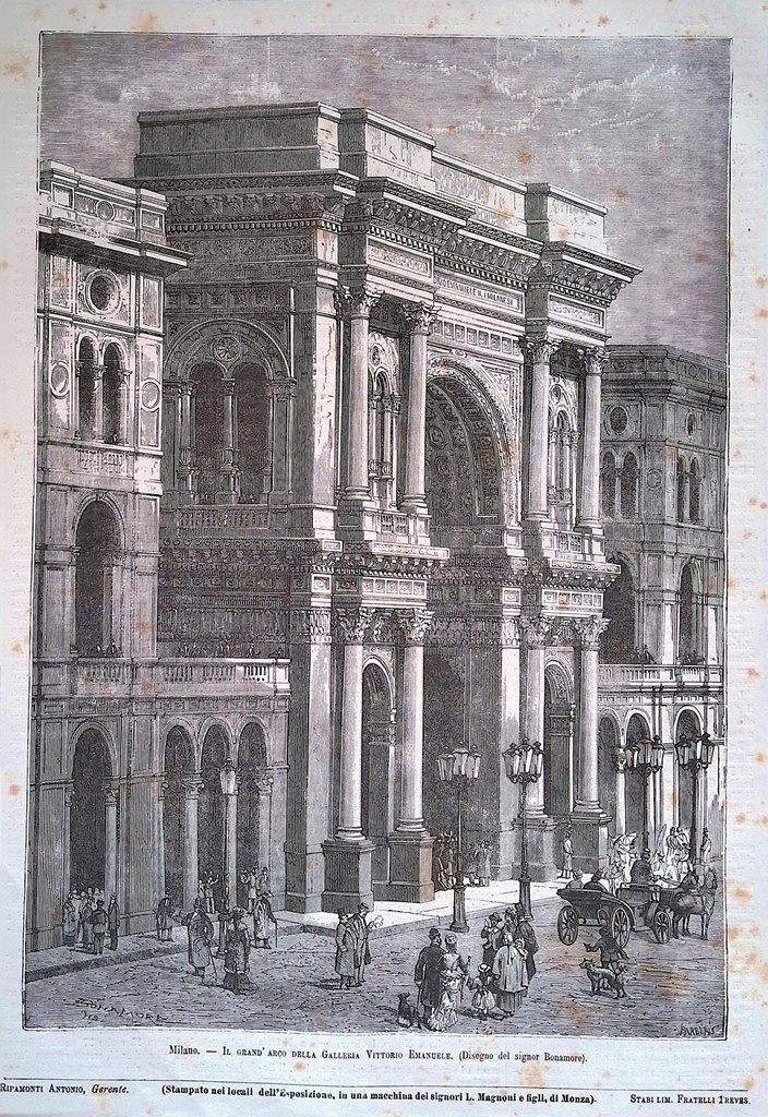 Stampa del 1881 Milano Grande Arco Galleria Vittorio Emanuele Bonamore