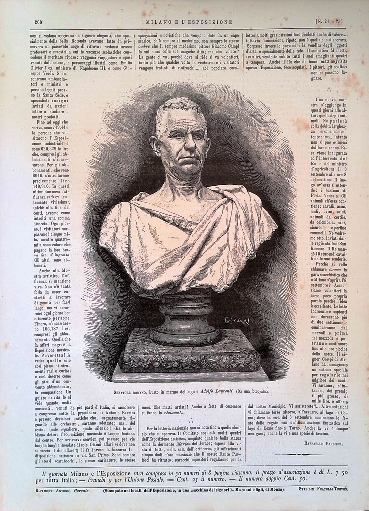 Stampa del 1881 Senatore Romano busto Adolfo Laurenti Esposizione Milano