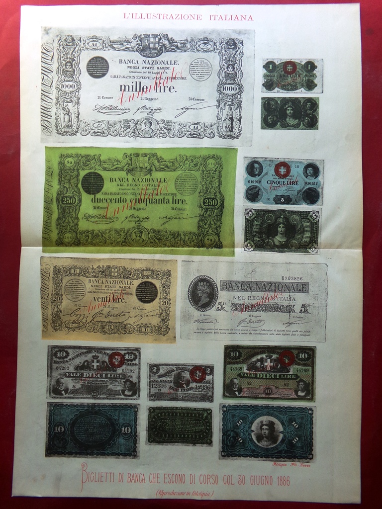 Stampa del 1886 a colori Biglietti di Banca fuori corso …
