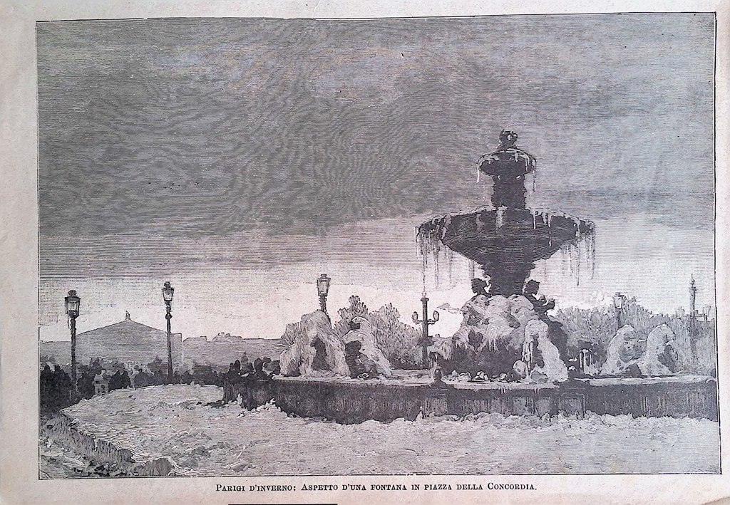 Stampa del 1886 Parigi d'inverno Fontana in Pazza della Concordia